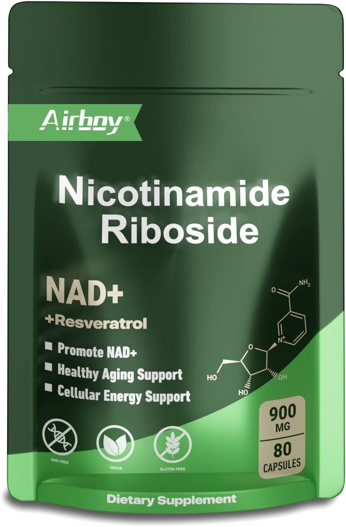 Airboy NAD Ergänzung mit Nicotinamid Riboside Resveratrol & Quercetin 900 mg, NMNH Alternative für Männer und Frauen unterstützen Anti-Aging, Energie, Fokus - 80 Kapseln