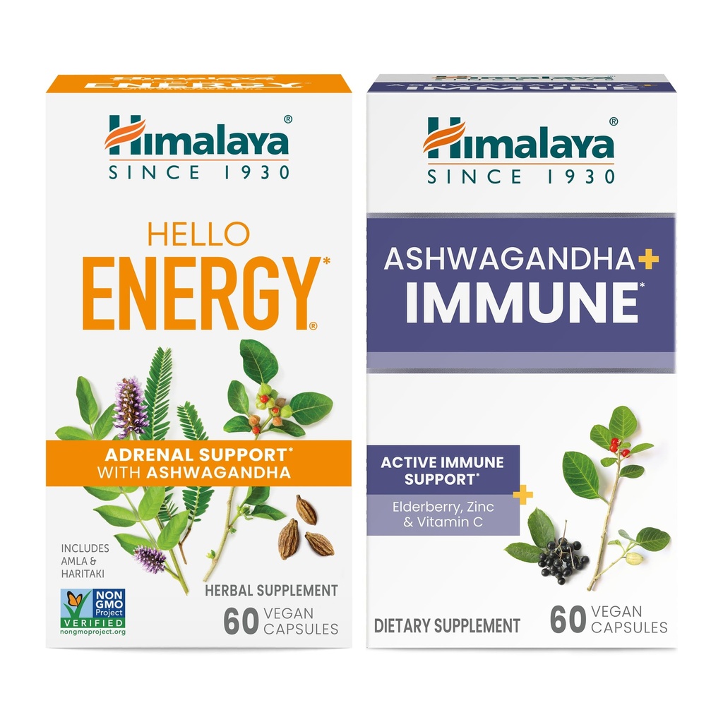 Himalaya Hello Energy mit Ashwagandha für Adrenal Support & Tägliche Energie und & Ashwagandha +Immune mit Vitamin C für aktive Immununterstützung, jeweils 60 Kapseln - Bundle