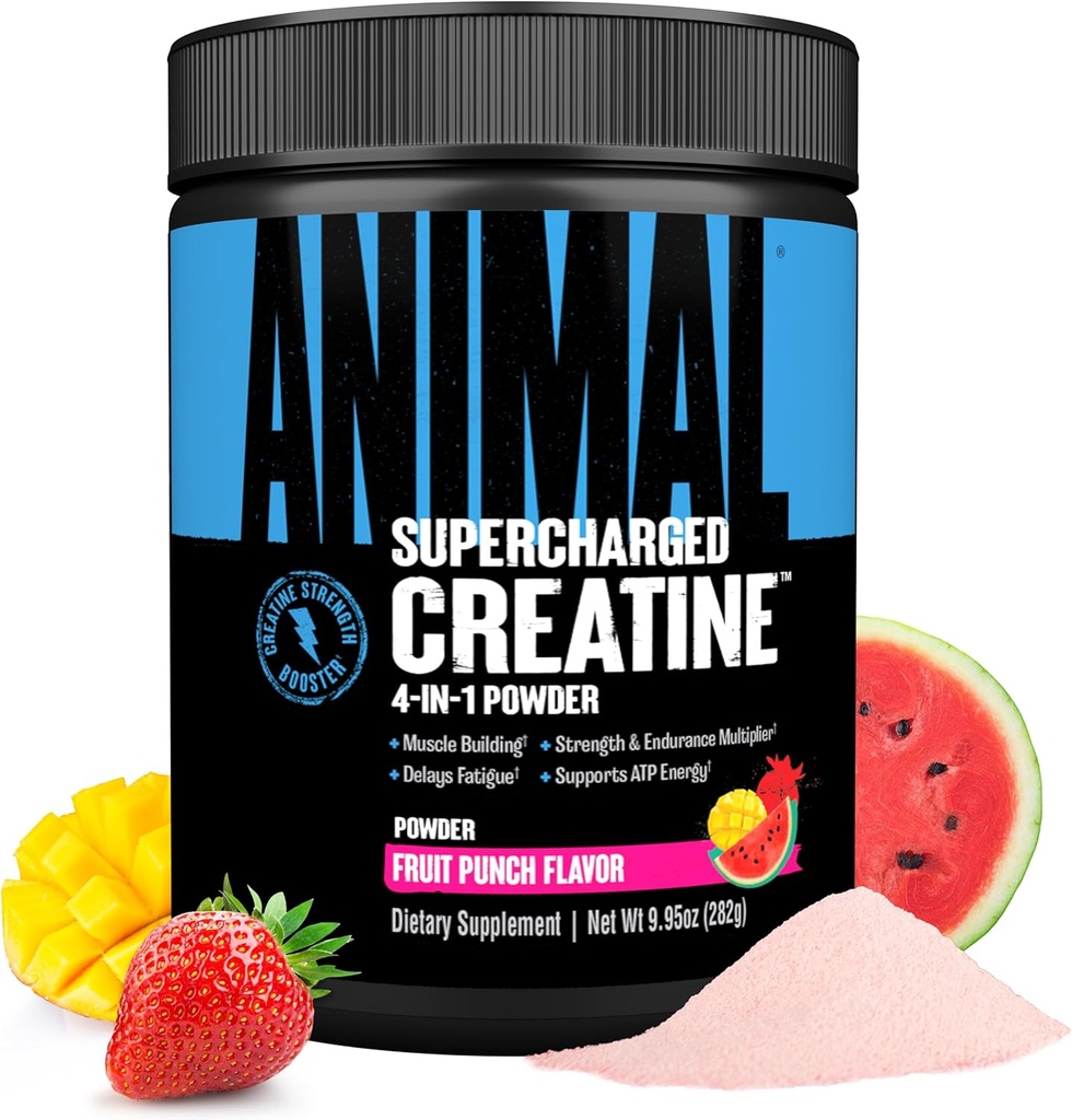 Animal Supercharged Creatine Powder - Flavored Creatine Monohydrate Verbessert mit Betaine Anhydrous, PurpleForce & Senactiv, Stärke, Ausdauer, Muskel-Recovery für Männer und Frauen – Fruit Punch, 300g