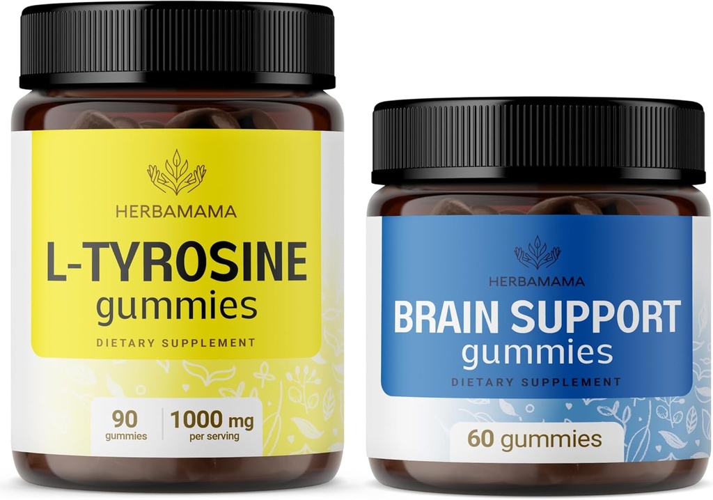 HERBAMAMA L-Tyrosin und Gehirn-Support-Kit - Bundle von 1000 mg L-Tyrosin & Gehirn-Support Complex Gummis - Vegan, Non-GMO, Gelatin-Free - 2 Pack