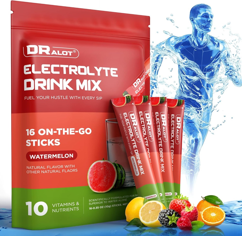 Zuckerfreie Elektrolyte Pulver mit natürlichen Aromen, 3X Schnelle Hydration Packets mit 10 Elektrolyten & Vitamine, Flüssiger Tag IV, Non-GMO, Glutenfrei, Keto, Vegan, 16 Sticks, Wassermelone