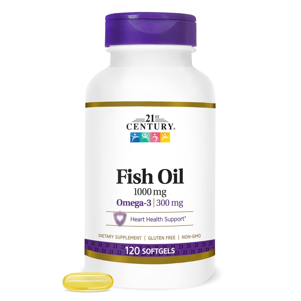 21st Century Fish Oil 1000 mg Softgels, (300 Count), Distillato molecolare, Supplemento Omega 3 con EPA & DHA, Purificato per eliminare mercurio, Supporta la salute cardiovascolare, Gluten Free & Non-OGM
