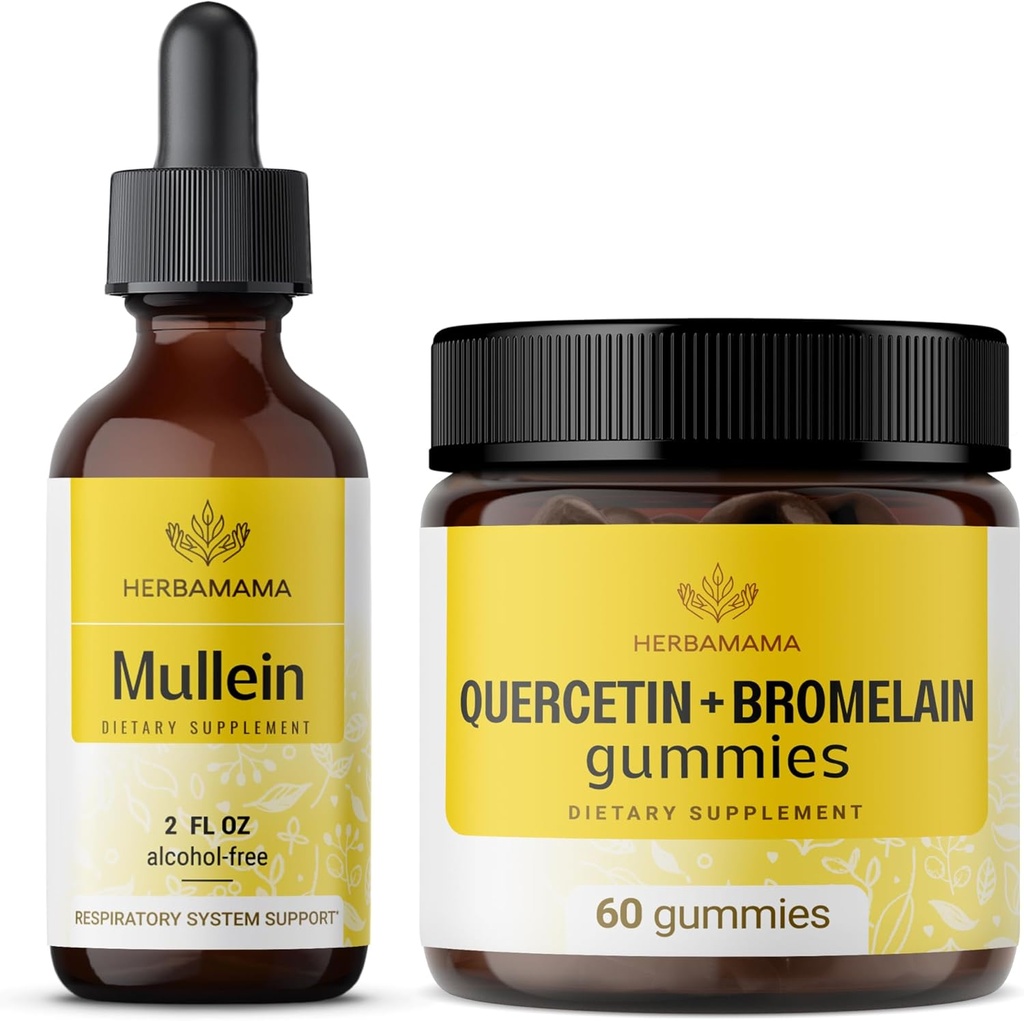 HERBAMAMAMA Mullein Leaf Extract and Quercetin Gummies Kit - Bundle of Mullein Leaf Drops 2 fl oz and 800 mg Quercetin with Bromelain Gummies - Vegan, Non-GMO, Alcohol-Free - 2 Pack