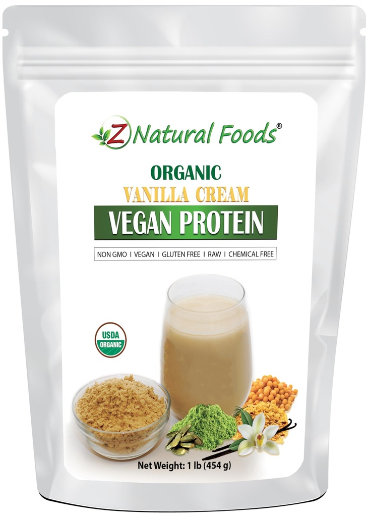 Z Natural Foods Bio Vanilla Cream Vegan Protein Powder, Vanille Flavored Vegan Protein Supplement, All Natural, Vegan, Non-GMO, 1 lbs