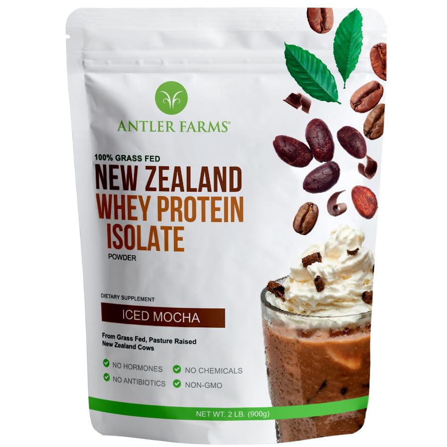 Antler Farms - 100% Grass Fed New Zealand Whey Protein Isolate, Iced Mocha Flavor, 2 lbs - Pure and Clean, 6 ingredienti, processo a freddo