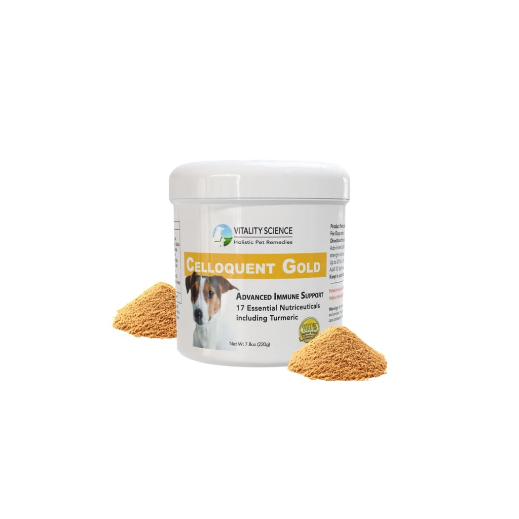 Vitalität Wissenschaft Celloquent Gold für Hunde | Holistic Advanced Immun Support Supplement | 17 Proven Ingredients | Auto Immune, Vomiting und Durchfall, Depression (220g)