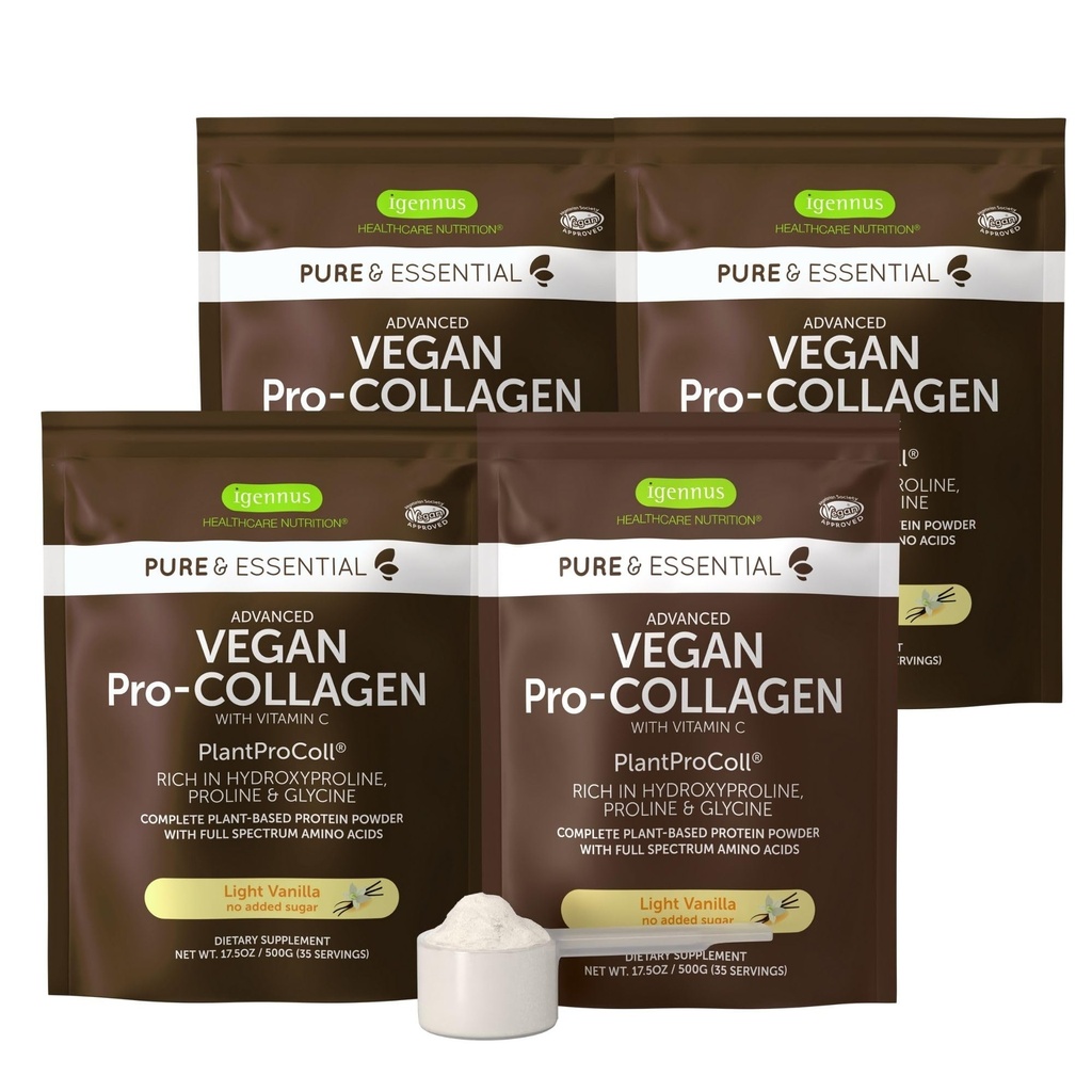 Igennus Advanced Vegan Vanille Collagen Peptide Powder, Enhanced with Glycine, Proline & Hydroxyproline & Cofactor Vitamin C, Non GMO, Vegetarische Pflanzenbasis Collagen Powder Booster, 140 Servierungen