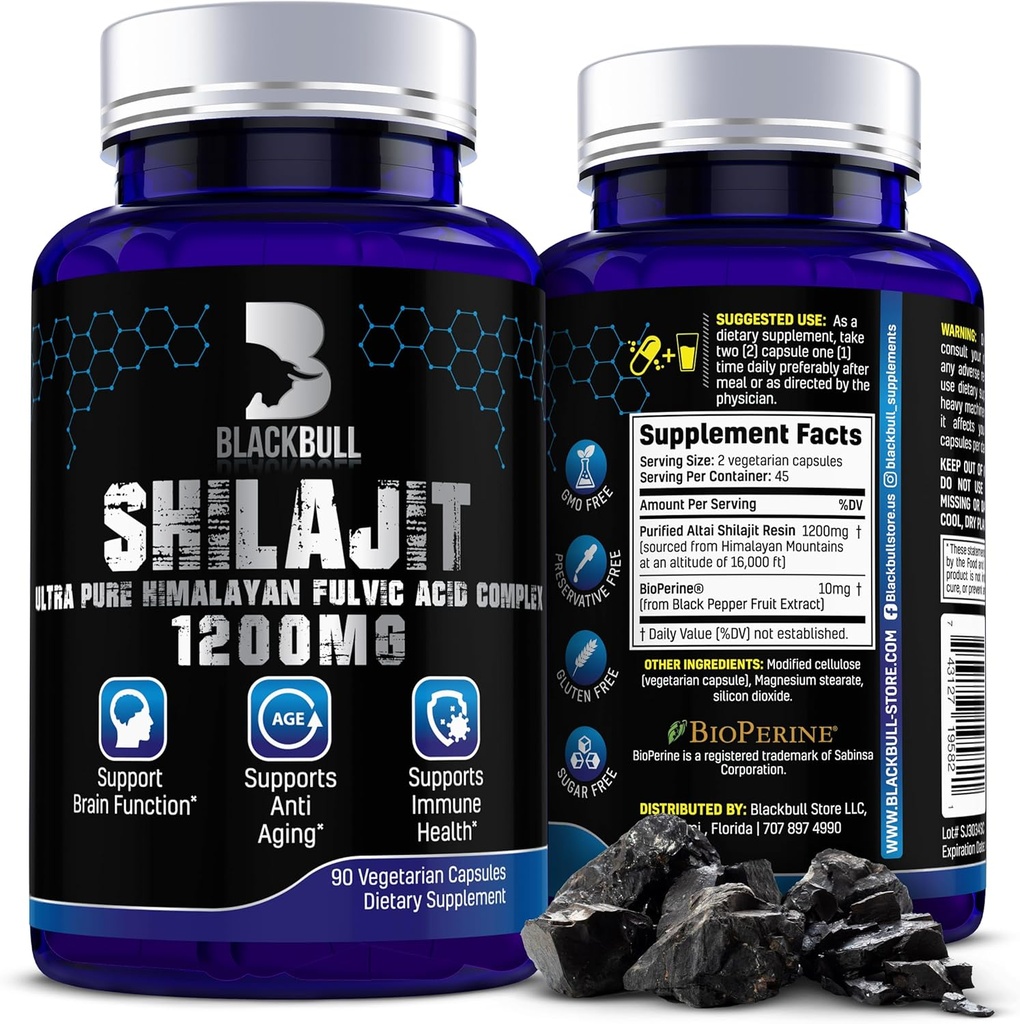 Blackbull Shilajit Pure Himalayan Organic Capsules - Natürliche Shilajit Resin Organic mit 20% Fulvic Acid Supplement, Gehirngesundheit, Alternde Immununterstützung - Pure Himalayan Shilajit