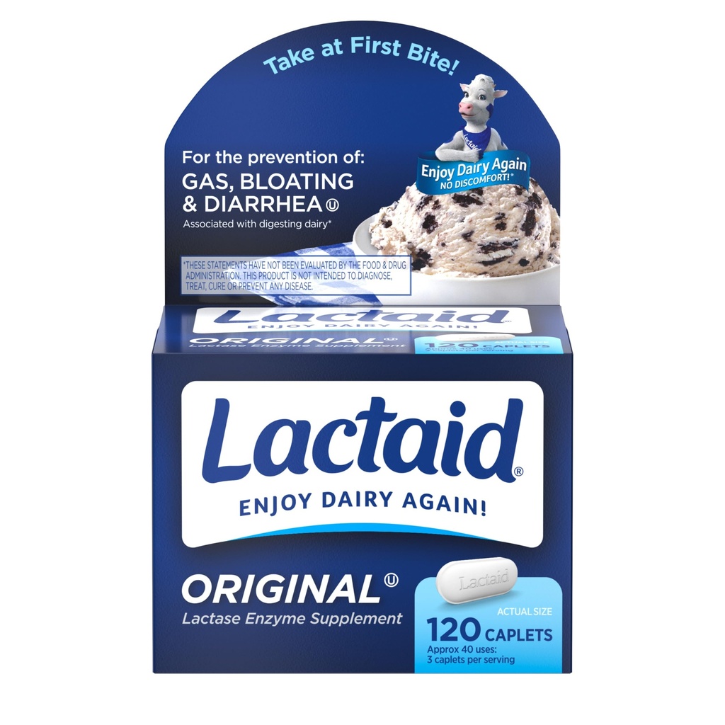 Lactaid Force originale Pilules d'intolérance à la lactose, 9000 Caplets de soulagement laitiers enzymatiques à la lactase naturelle de FAC, aide à prévenir le gaz, le bluff et la diarrhée en raison de la sensibilité à la lactose chez les adultes et les enfants, 120 Nombre