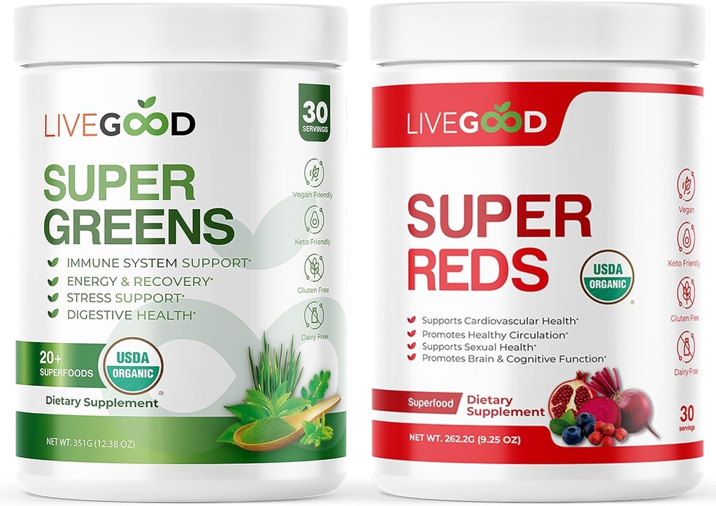 LIVEGOODTM Organic Super Greens & Super Reds Bundle con grano, orzo, tè verde Matcha, aloe, radice di barbabietola, melograno, vegano, senza glutine