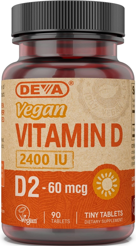 DEVA Vegan Vitamin D2 60 mcg 2400 IU, Ergocalciferol Beilage ohne Tierbestandteile, 90 Tabletten, 1-Pack