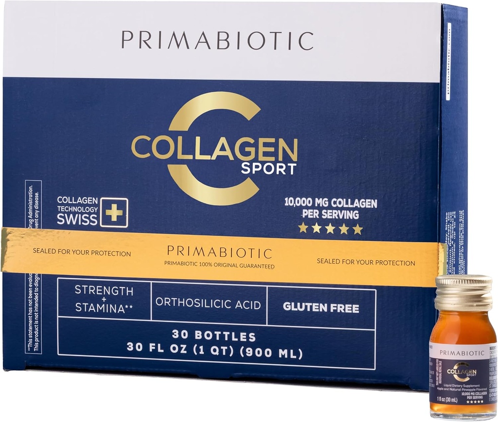 PRIMABIOTIC Liquid Collagen Sport- High Collagen Content [10.000 Mg] Pro Serving - Hydrolysiertes Collagen Drink und 12 Vitamine Orthosilic Acid | Hilft Knochengesundheit, Haar, Nägel | (30 Flaschen x 30 ML)