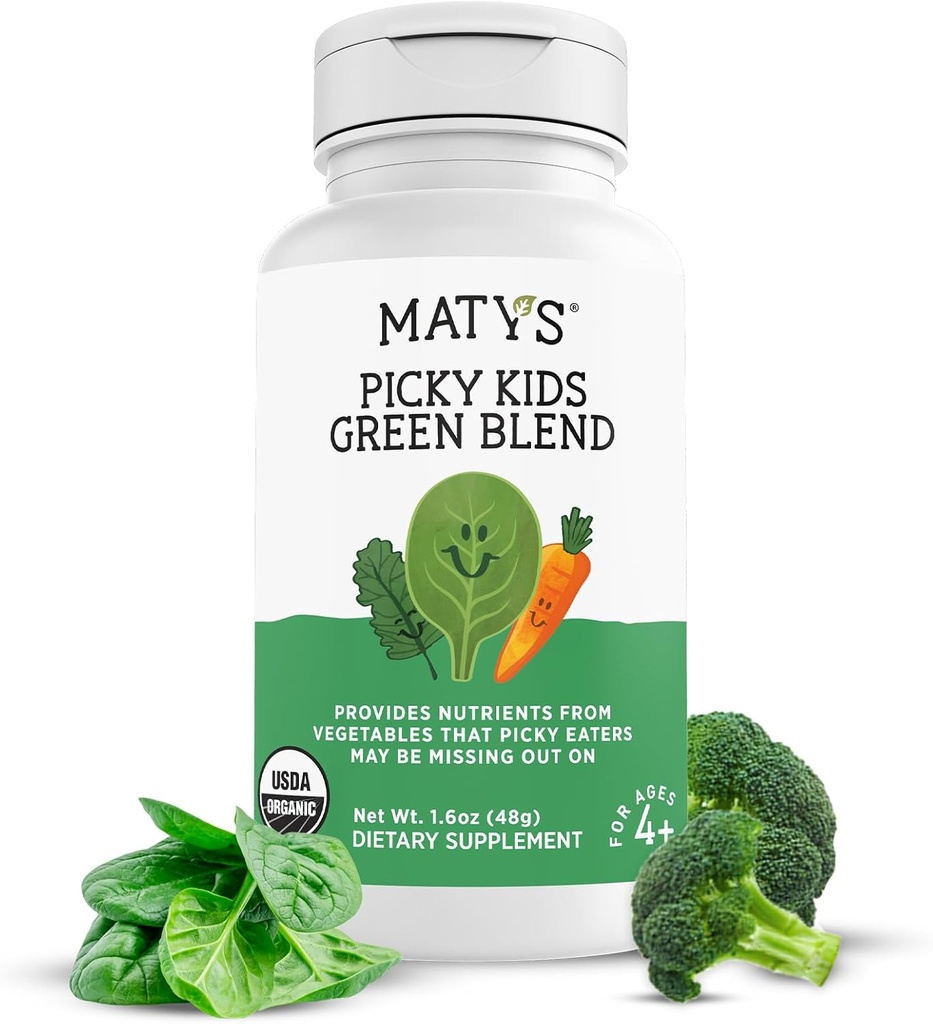 Matys Organic Picky Kids Green Blend, Veggie Powder Supplement, Picky Eater Vitamine für Kinder 4 Jahre +, Superfoods Gemüsepulver für Mahlzeiten & Smoothies mit Spinat, Kale, Broccoli, 1,6 Unzen