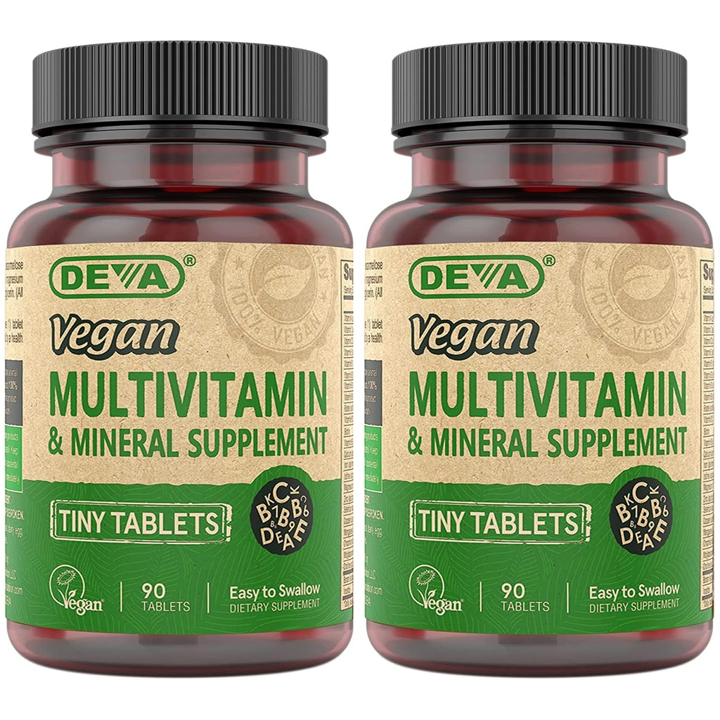 DEVA Tiny Tablets Vegan Multivitamin für Damen und Herren 2-Pack mit Eisen, Vitamin C, E, B Komplexe Vitamine, Zink, 90 Tabletten Jede