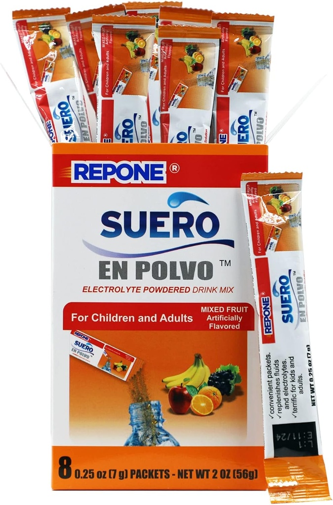REPONE SUERO Electrolyte Powder Solution Fruit Flavor, 8 Oz Packets, 1 Box con 8 Packets.