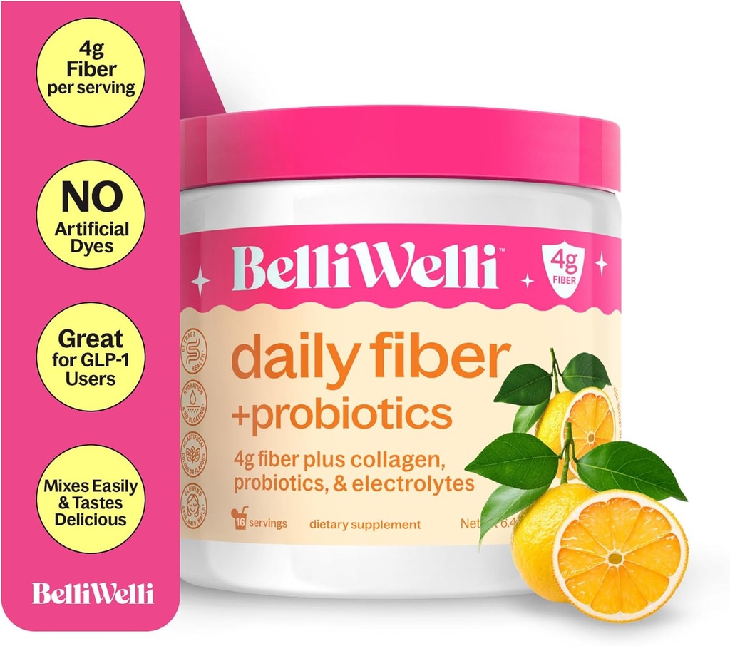 BelliWelli Fiber Supplement für Damen und Herren – Premium Daily Fiber Powder from Organic Acacia with Added Collagen, Electrolytes & Probiotics – No Bloat, Constipation & Gut Health Support (Orange Yuzu)