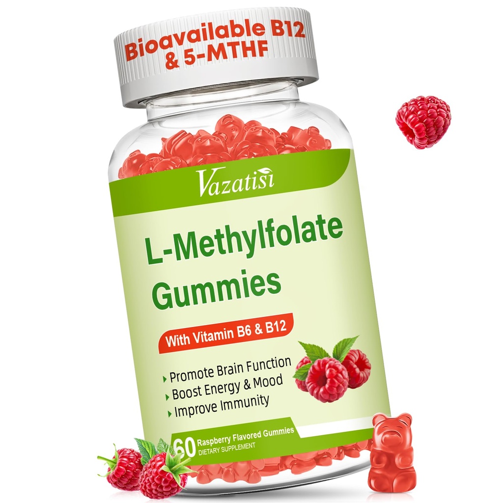 L-metilfolato 15 mg Gummies con Methyl B12, Folate Supplement per Mood, Salute del cervello, Supporto immunitario, Sapore di lampone, 60 Conte
