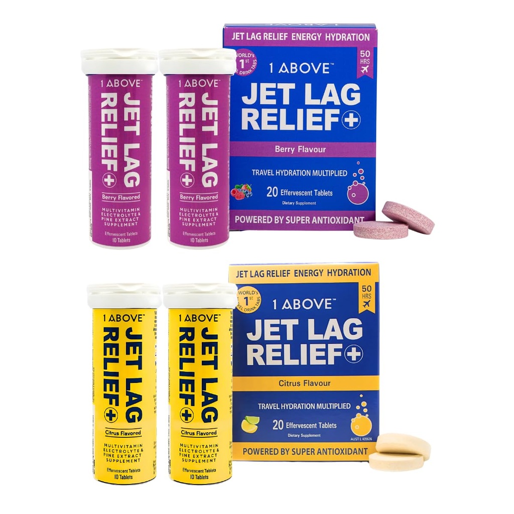 1ABOVE Jet Lag Relief Effervescent Multivitamine avec supplément de voyage Pycnogenol pour l'hydratation, l'énergie, le soutien immunitaire et la récupération plus rapide - Vol essentiel - Citrus 20 Comte et Berry 20 Comte