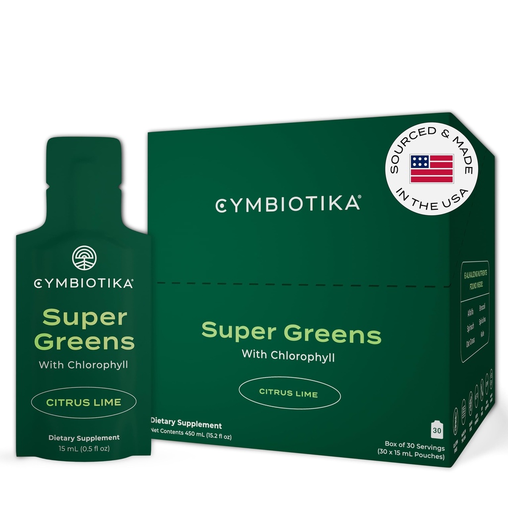 CYMBIOTIKA Super Greens Supplement mit Chlorophyll, Spirulina, Täglich Vegan Superfood-Packets für Verdauungsgut Gesundheit, Detox, Energie und Immununterstützung, Citrus Lime Flavor, 15 mL Pouches, 30 Pack
