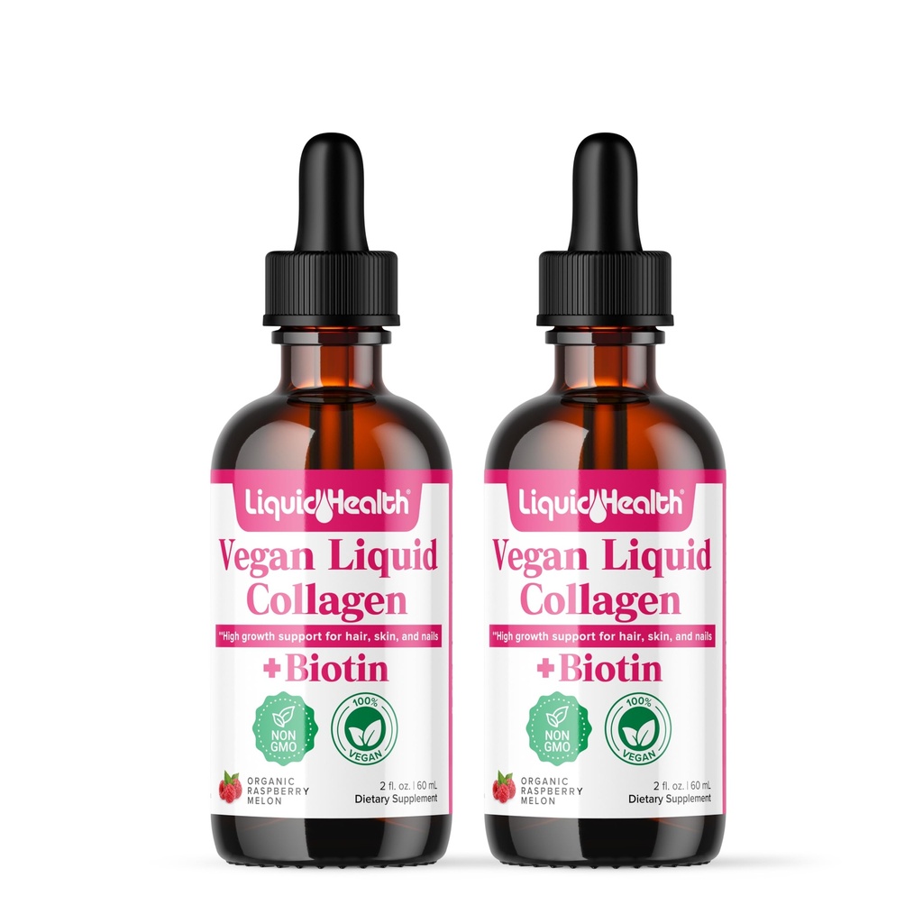 LIQUIDHEALTH 100% Vegan Collagen Plus Biotin 100.000mcg Liquid Drops - Collage liquido a base vegetale per le donne e gli uomini - Hair & Nail Growth, Skin Health, Migliora il metabolismo - Made in USA, Non-GMO (2 Confezione)