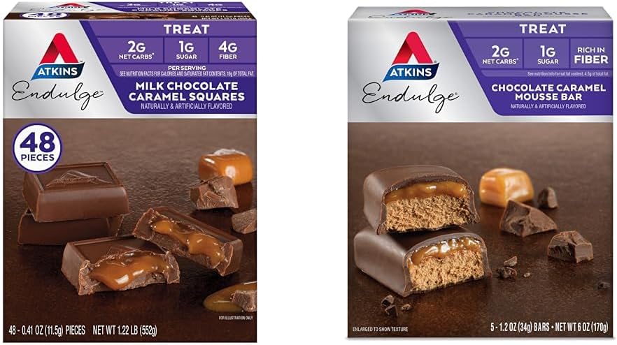 Atkins Endulge Milch Schokolade Karamell Quadrate 48 Graf & Schokolade Karamell Mousse Bars 5 Graf Bundle
