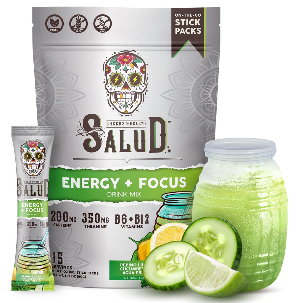 Salud 2-en-1 Poudre de boisson énergisante + Focus, Lime de concombre, Caféine biologique, B6 + B12, Théanine, Paquets de boisson énergisante propre, Agua Fresca Mix, Non-OGM, Sans gluten, Vegan, 1g de sucre, (15 portions)