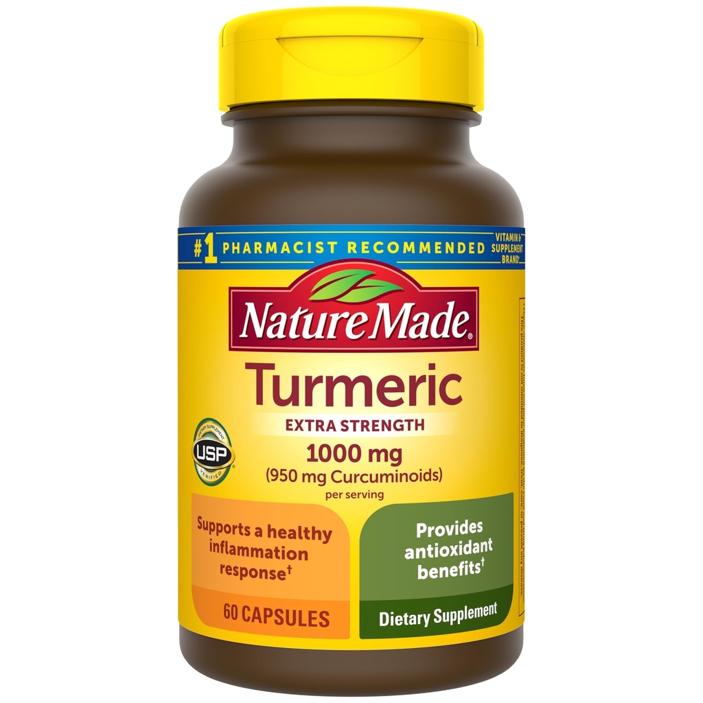 Natur gemacht extra Stärke Kurkuma Curcumin mit schwarzem Pfeffer, 1000mg Kurkuma Extrakt pro Portion (Standardisiert auf 95% Curcuminoide), Unterstützt gesunde Entzündung Antwort, 60 vegetarische Kapseln