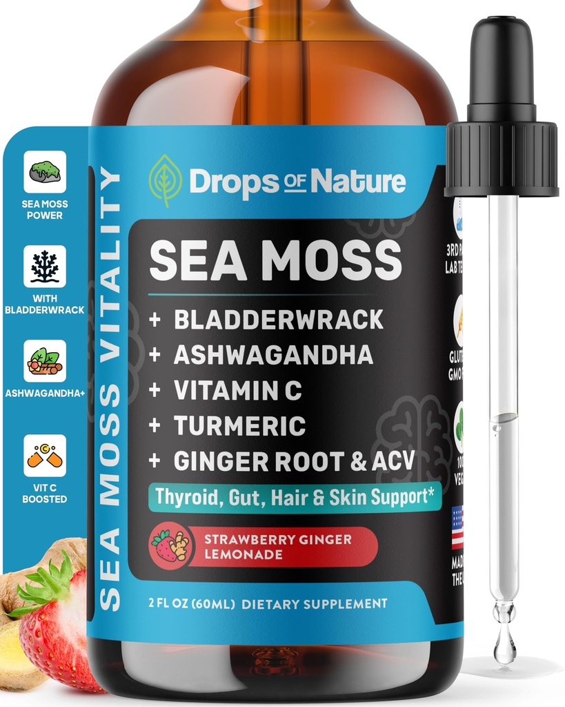 Ashwagandha e gocce di liquido curcuma - Vitamina C, Moss del mare, Aceto di sidro di mele, Bladderwrack - Gocce liquide vegane per il supporto benessere completo e l'immunità vitale (Strawberry Ginger Lemonade, 60mL)
