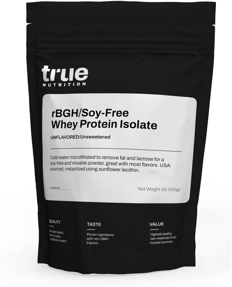 Véritable nutrition - Isolate de protéines de lactosérum sans rBGH/Soy [lait] - Poudre de protéines de lactosérum à 100 % avec acides aminés essentiels - Pas d'hormones ou d'antibiotiques ajoutés (non aromatisés/non sucrés, 1 lb)