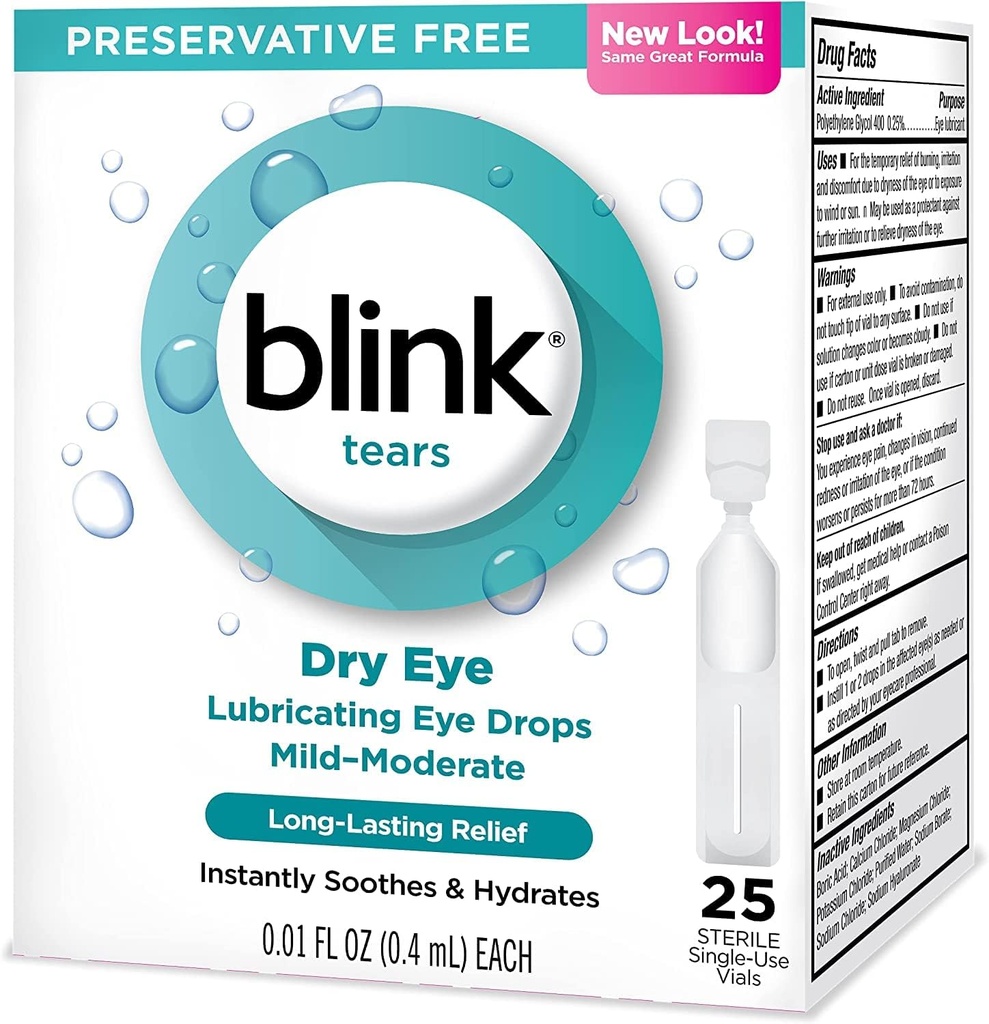 Blink Larmes Lubrifiant gouttes oculaires doux-modéré oeil sec .01 Fl Oz 25 Compte