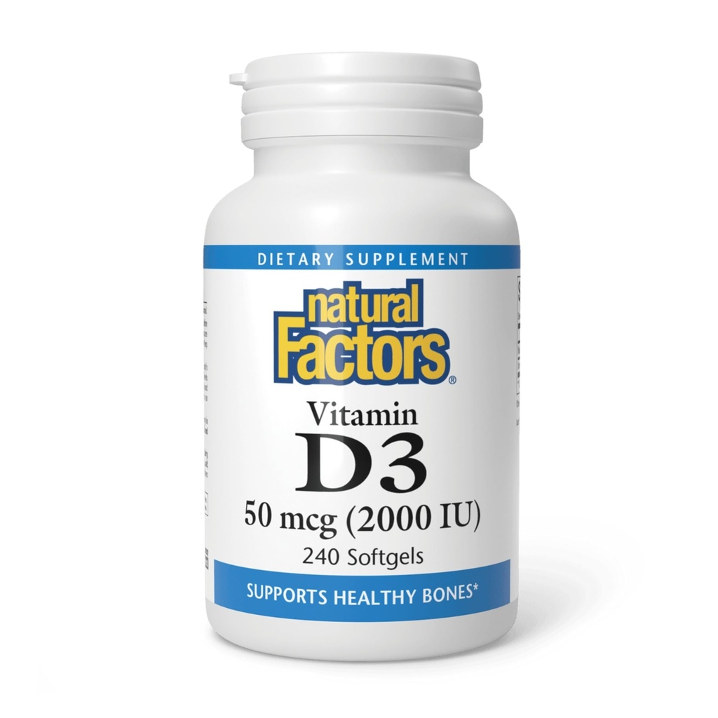 Facteurs naturels - Vitamine D3 2000 UI, soutient les os sains, 240 gels doux
