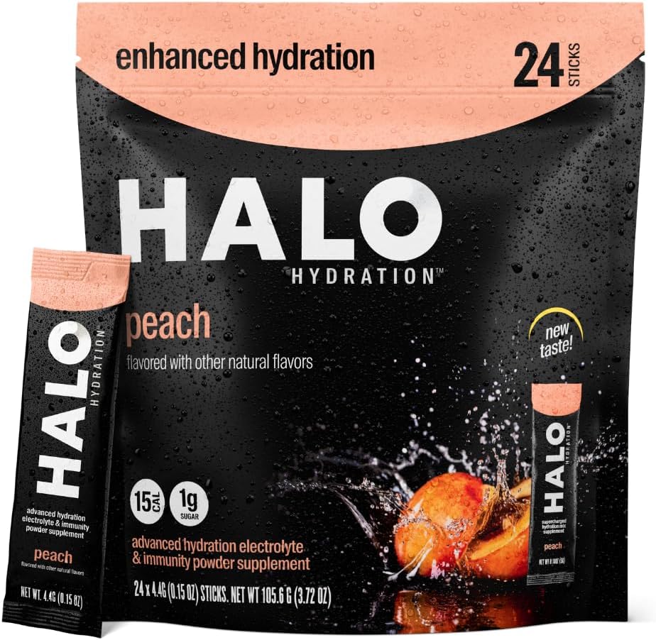 Halo Hydration Elektrolyt-Pulver-Packets – Pfirsich - 24 Portionen (jeweils 5g) - Bio-Hydrauerei-Getränk mit niedrigem Zucker + essentielle Vitamine + Mineralstoffe - Vegan