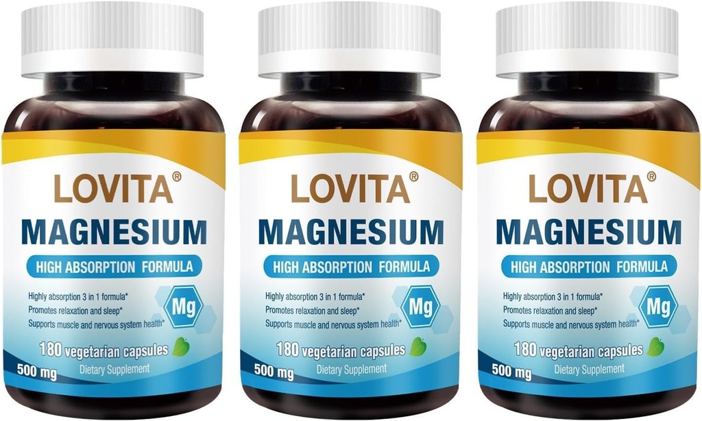 Lovita Triple Magnesium Complex 500mg, hohe Absorption und Potenzformel, Glycinat, Citrat & Oxid, Support Schlaf, Entspannung, Herz, Nerves & Knochen Gesundheit, 180 Vegan Kapseln (Pack von 3)