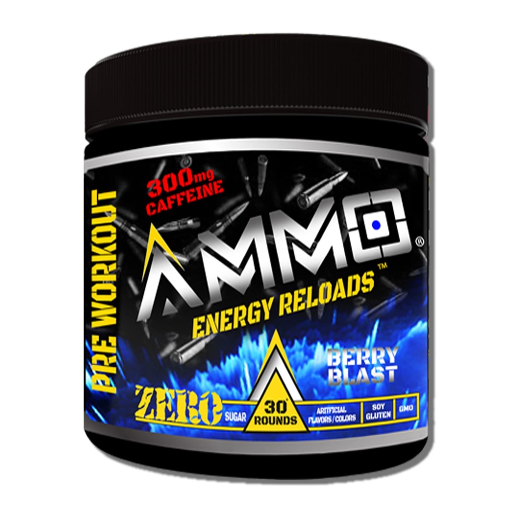 AMMO ® Energy ReloadsTM Pre Workout Powder - 300mg Caffeina Zero Sugar Vital Aminos ed Elettroliti senza aromi artificiali o colori (Berry Blast)