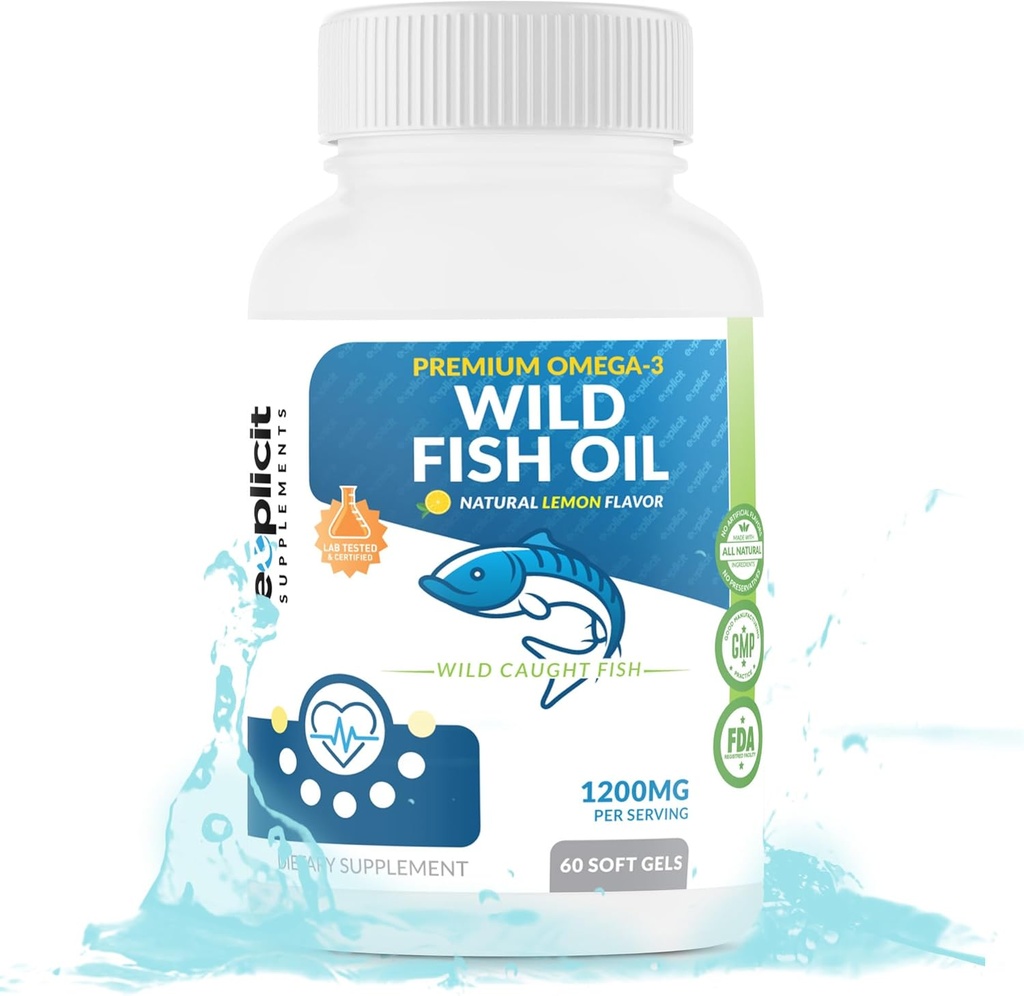 Huile de poisson sauvage Oméga 3 - EPA/DHA - Sans Burpless, sans OGM, sans gluten et sans soja – 1200mg par portion, 60 portions, 60 capsules