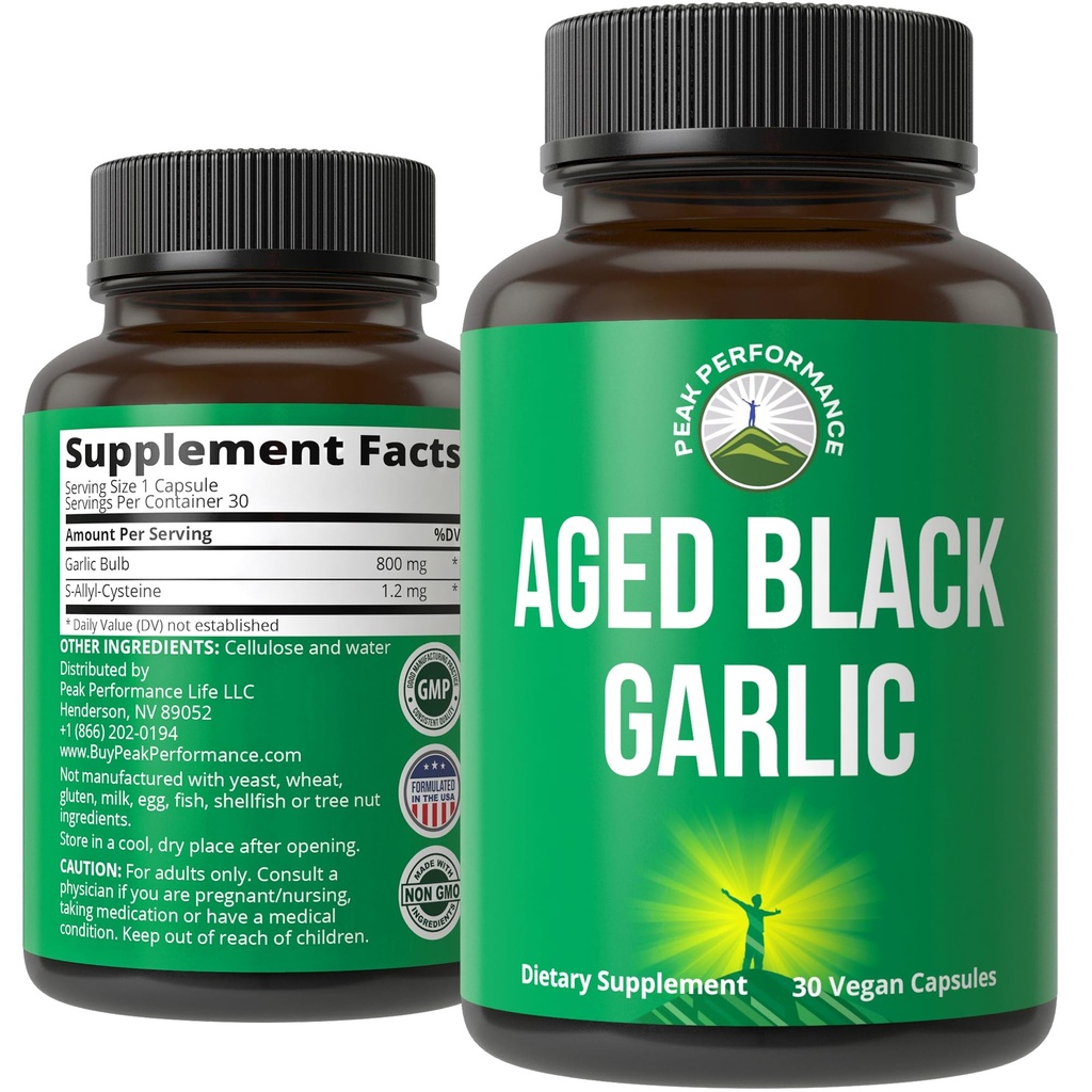 Peak Performance Aged Black Knoblauch Kapseln. Raw Vegan Pure Odorless Extrakt Ergänzung Pillen für Cholesterol und Immununterstützung. von Knoblauch Bulb mit S-Allyl Cystein und Antioxidantien