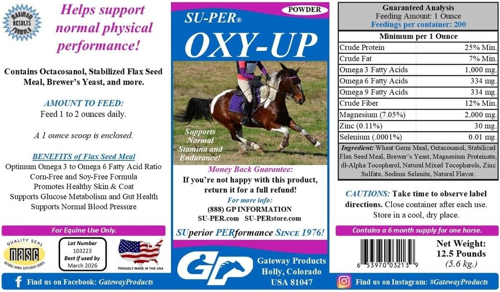 SU-PER Oxy-Up Performance Horse Supplement - Unterstützt normale Stamina und Ausdauer - Weizen Germ Extrakt, B-Komplexe Vitamine, Magnesium - 12,5 Pfund, 6 Monate Versorgung