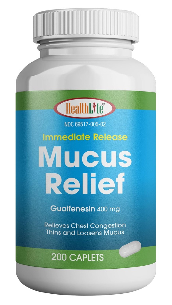 HEALTH LFE Mucus Relief Guaifenesin Caplets 400 mg, Sofort Release Fast Acting Expectorant, Thin and Loosens Mucus, Relieves Chest Congestion, Cough, Cold and Flu (Medium, 200 Count)