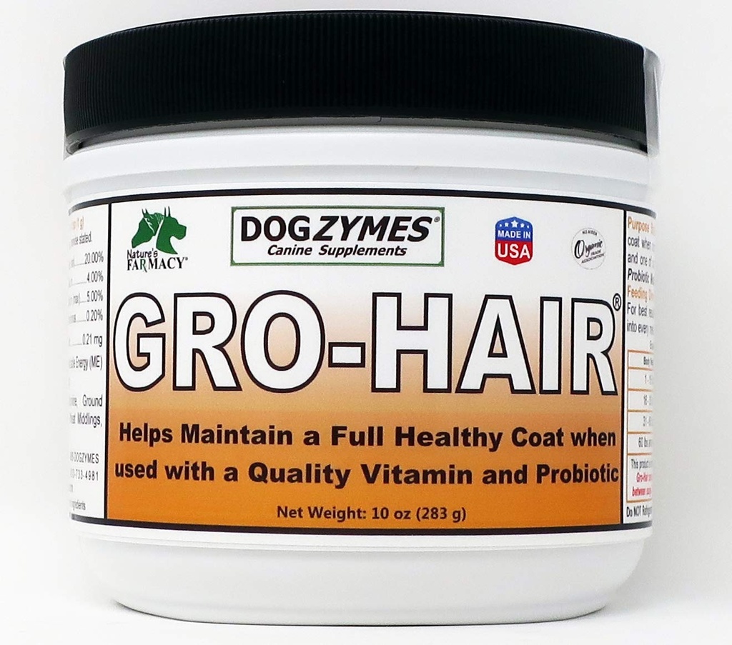 Dogzymes GRO-Hair per lunghezza di cappotto o piuma, rapida crescita del cappotto o quando scarso cappotto e/o spose calve devono riempire.