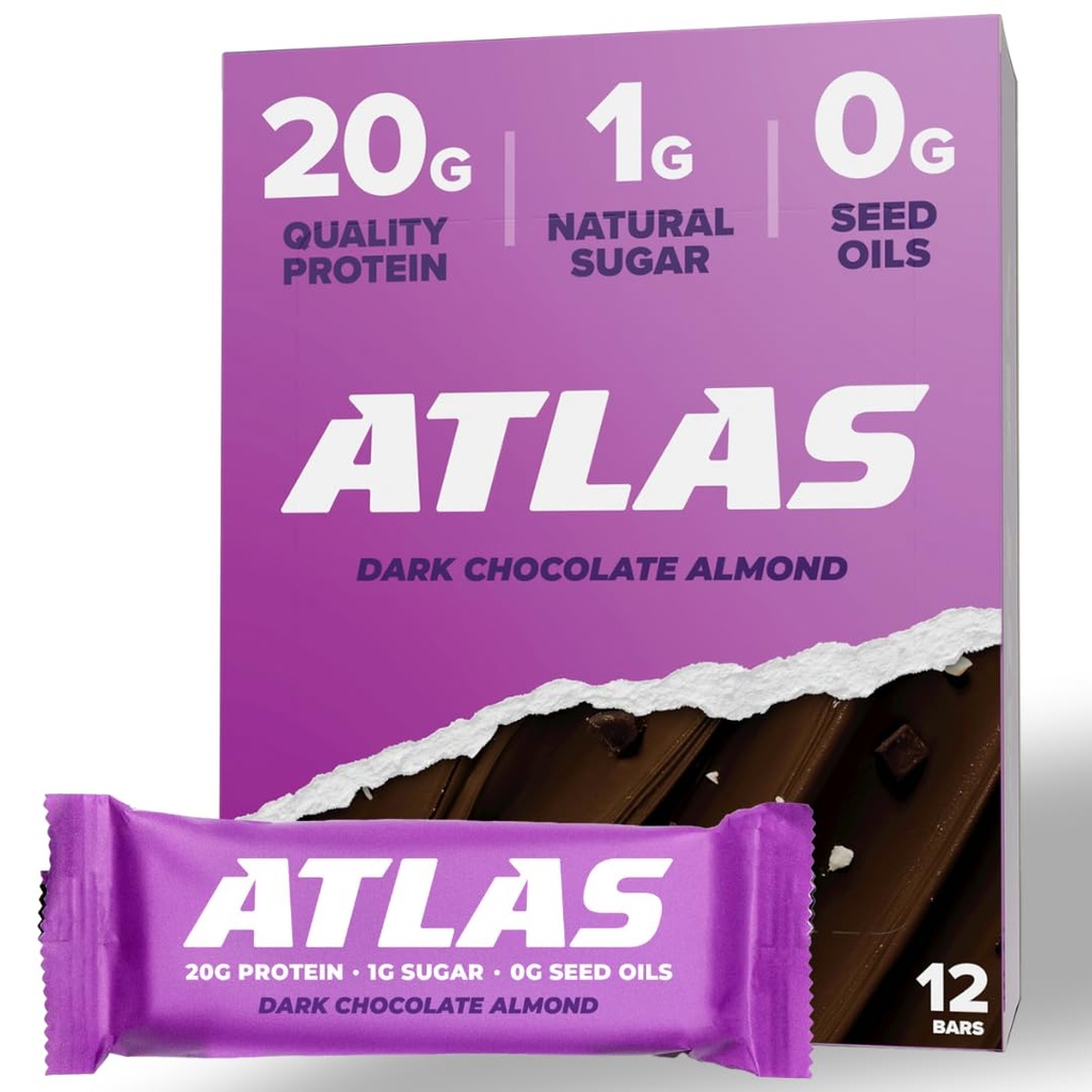 Atlas Bar – 20g de protéines, 1g de sucre, 0g d'huiles de graines, 0g d'édulcorants artificiels (Amande de chocolat foncé, 12 Nombre)