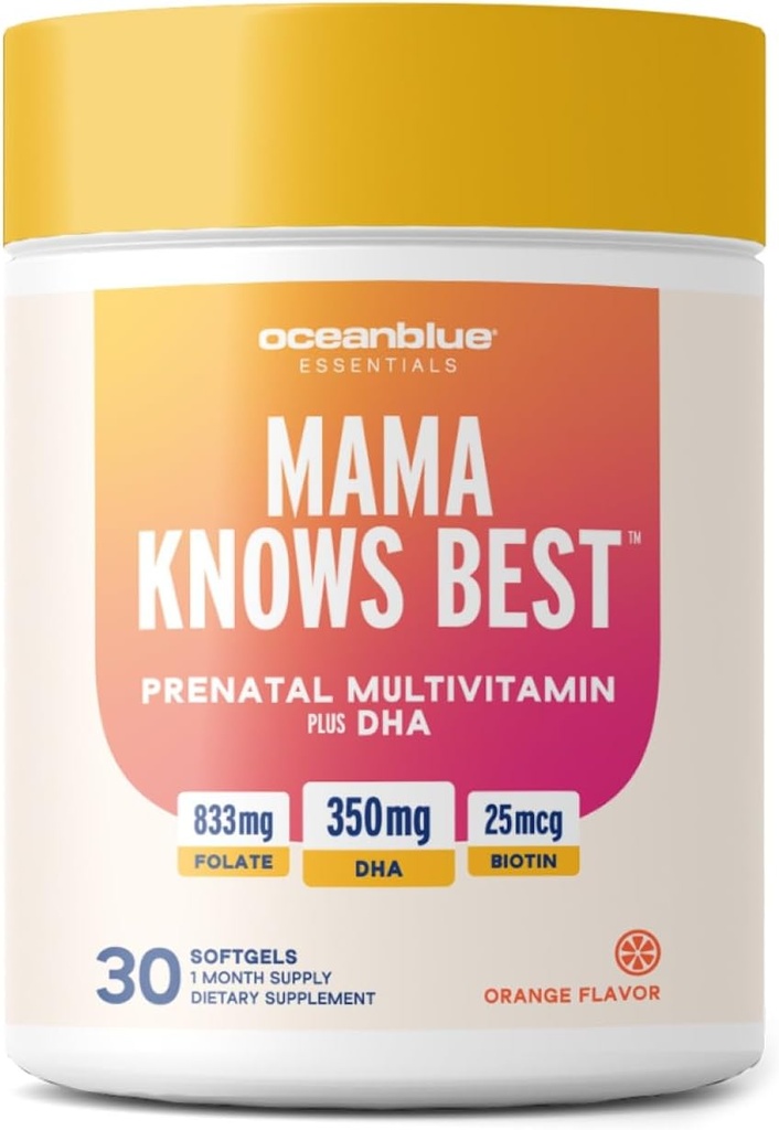 Oceanblue Essentials Mama conosce meglio – 30ct – Prenatal Multivitamin con Omega-3 DHA – Supporta una gravidanza sana – Facile da ingoiare Softgels – Tasty Orange Flavor – 1 mese di fornitura