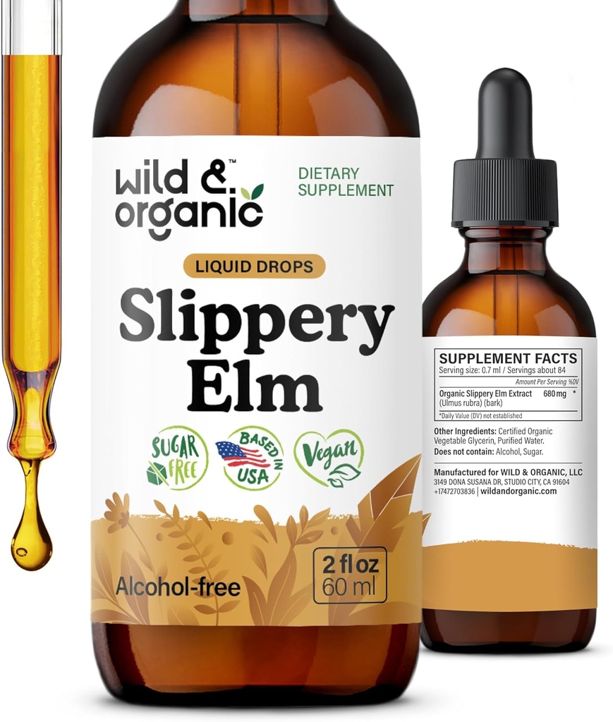 Gocce di Elm di Slippery di Wild & Organic - polmone, supporto digestivo & femminile - Tintura di corteccia di Elm di Slippery - Supplemento di Estratto di Rubra di Ulmus liquido - Vegan, Sugar & Alcohol-Free - 2 fl oz