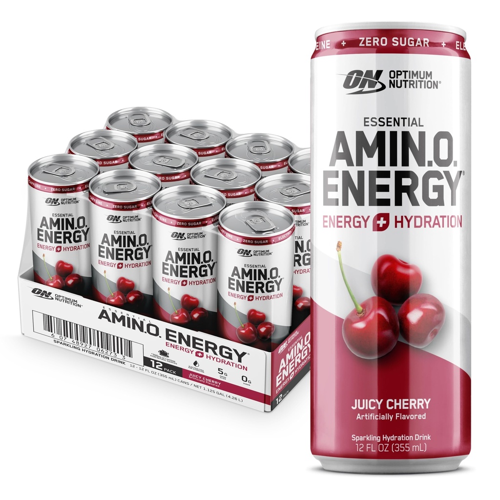 Optimum Nutrition Amino Energy Sparkling Hydration Drink, Electrolytes, Caffeine, Amino Acids, BCAAs, Sugar Free, Juicy Cherry, 12 Fl Oz, 12 Pack (Packaging May Vary)