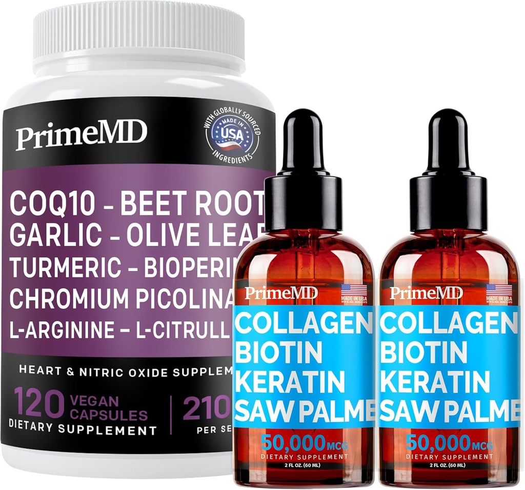 Liquid Collagen Biotin (2pk) et supplément d'oxyde nitrique (1pk) - Vitamines potentielles pour les cheveux, la peau, les ongles, le cœur, le circulatoire et le soutien lipidique - non-OGM, végétalien, sans gluten