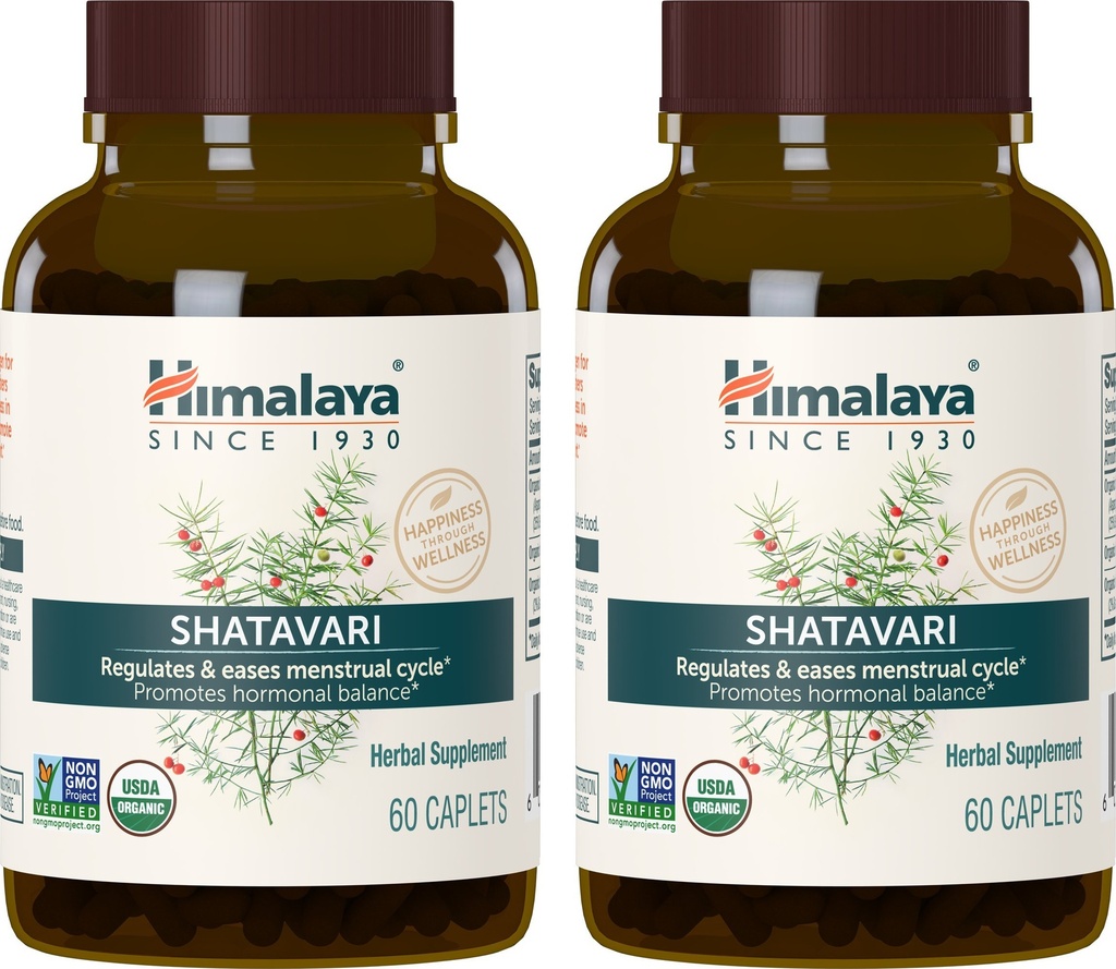 Shatavari biologique de l'Himalaya pour les SPM, le soulagement des crampes menstruelles, le soutien à la ménopause et la santé des femmes, 1 300 mg, 60 Caplets, 2 mois d'approvisionnement, 2 paquets