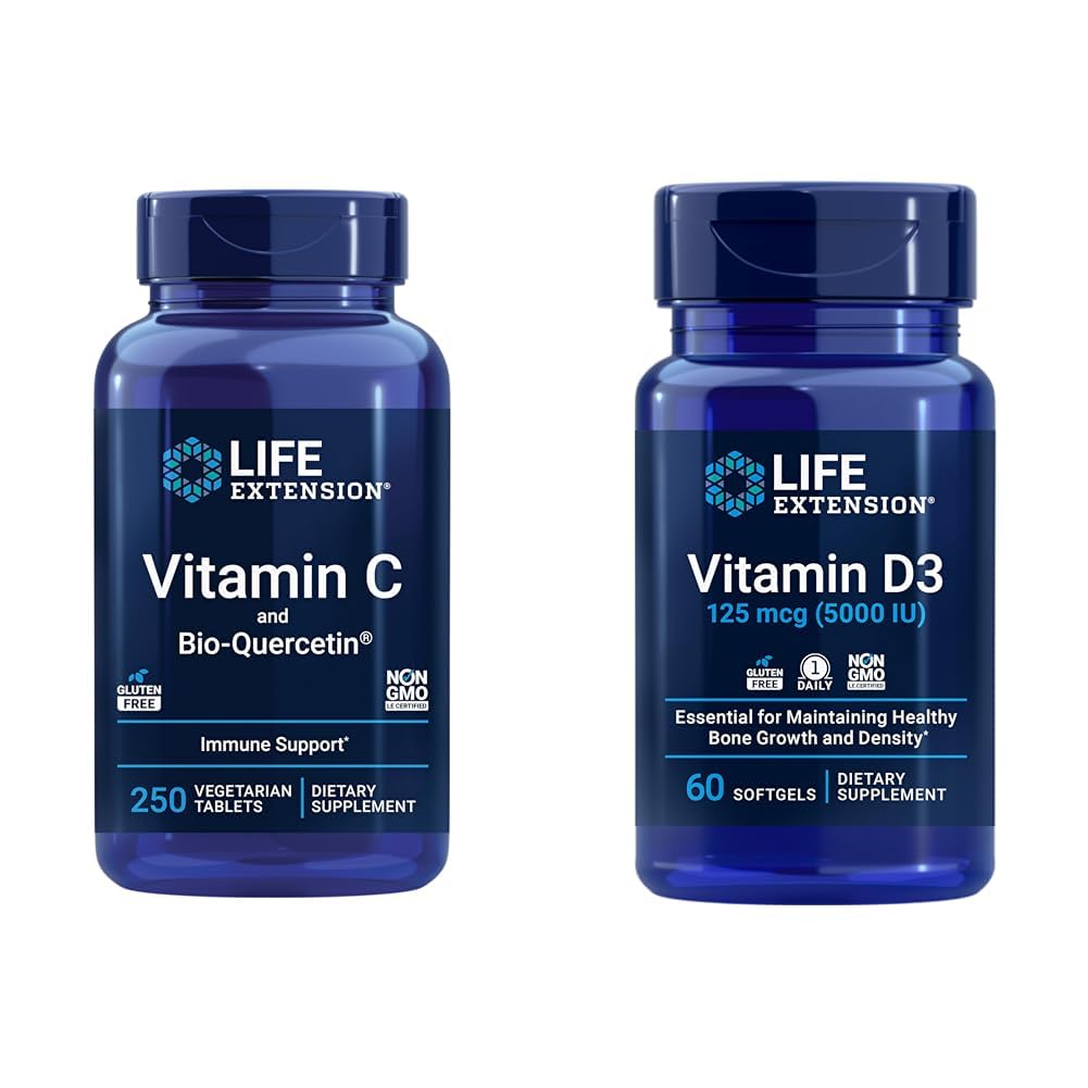 Vitamina C & Quercetin Plus Vitamina D3 5000 IU - 250 Compresse Vitamina C Supporto Immune Plus 60 Vitamina D3 Softgel per Bone, Cervello e Salute Immune