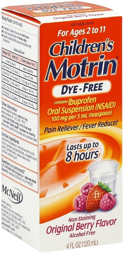 Motrin enfants anti-douleur anti-douleur / réducteur de fièvre, saveur de baie originale 4 oz (10 pack)