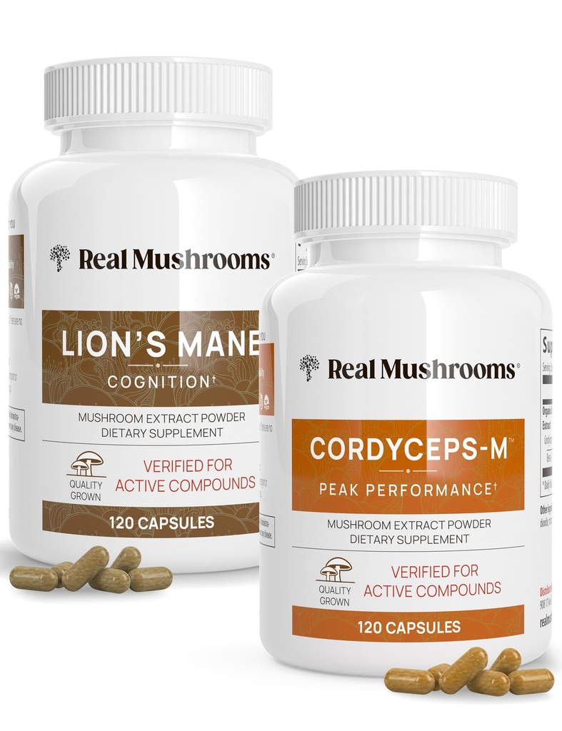 Lions Mane (120ct) et Cordyceps (120ct) Capsules Bundle - Supplément Champignon pour la cognition, l'énergie et l'endurance
