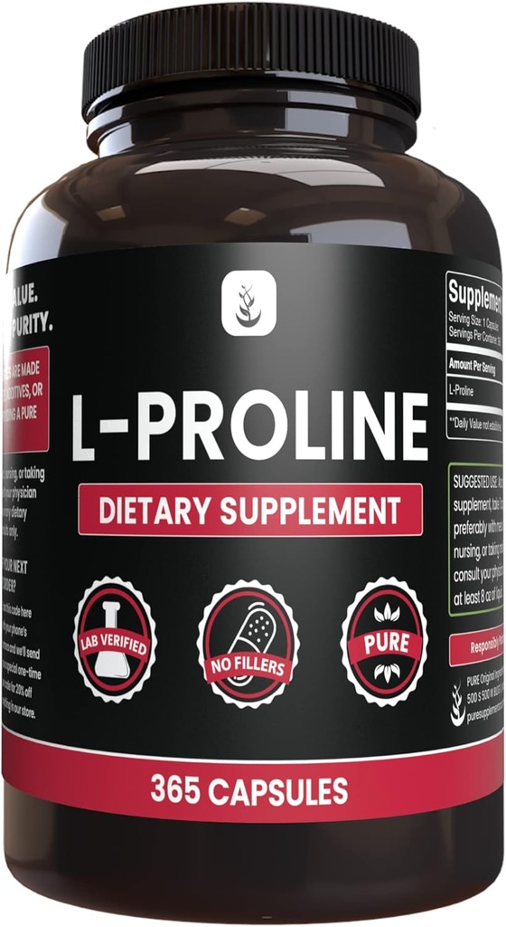 PURE ORIGINAL INGREDIENTI L-Proline (365 capsule) Nessun filler di magnesio o di riso, sempre puro, verificato il laboratorio