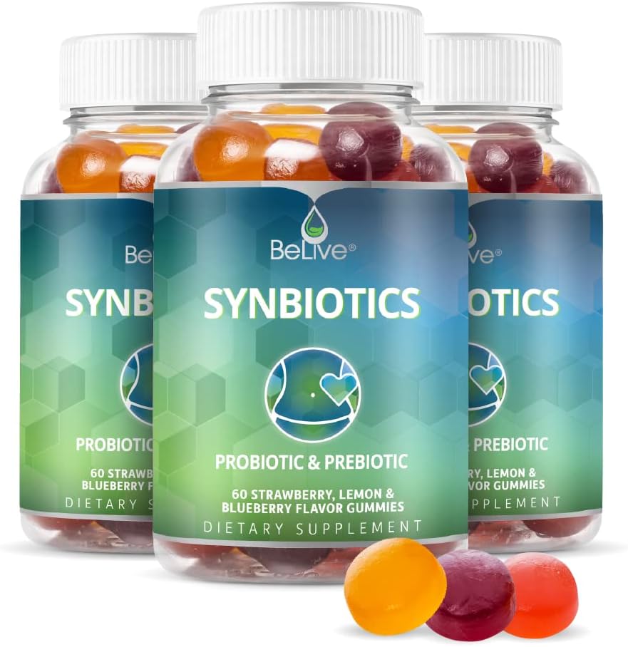BeLive Synbiotics - Probiotic & Prebiotic Fiber Gummies – High Strength Inulin (3g), Dietary Fiber Supplement, Digestive Support for Kids & Adults - Strawberry, Lemon, Blueberry Flavor | 3-Pack